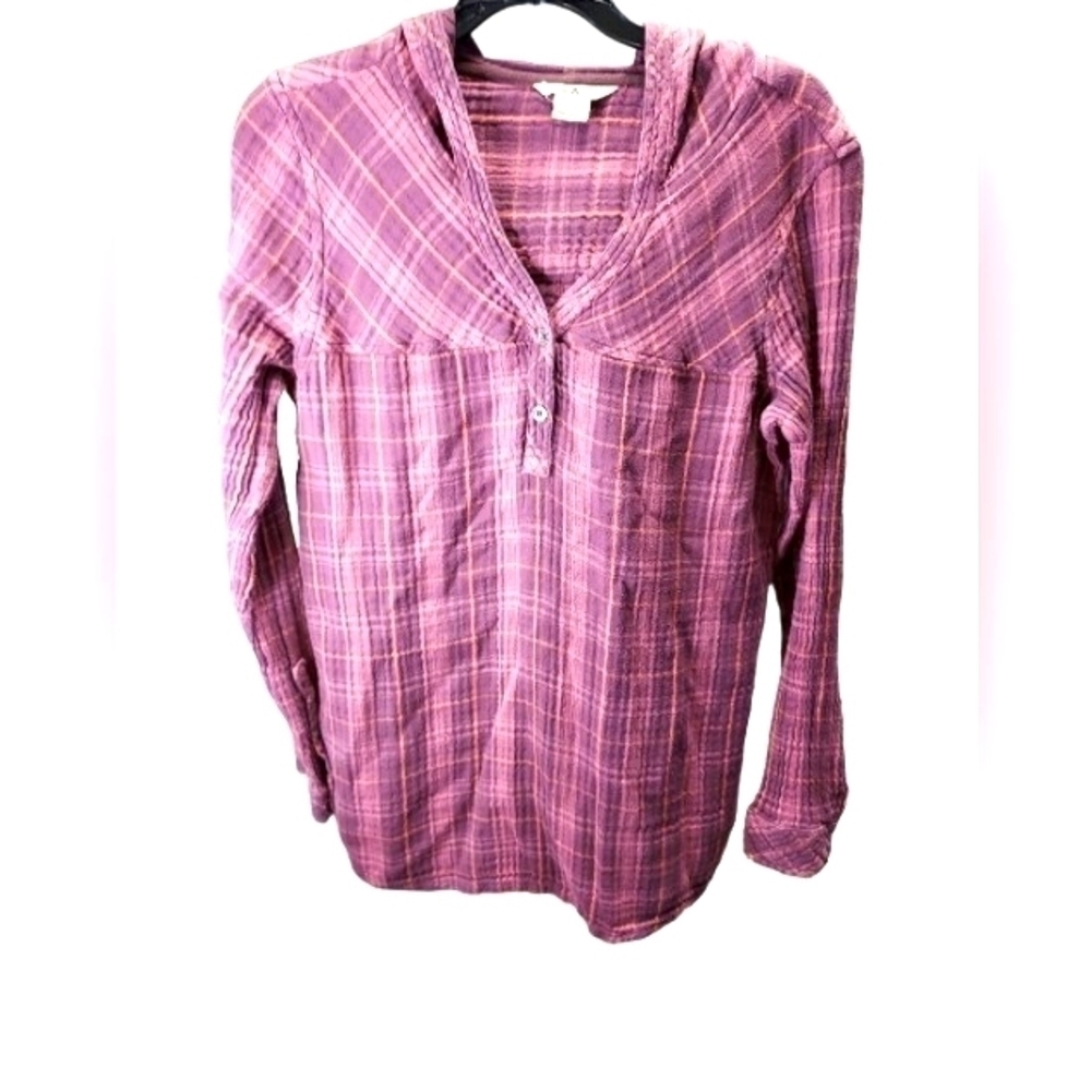 Ascend cotton hooded pullover women large plaid plum color